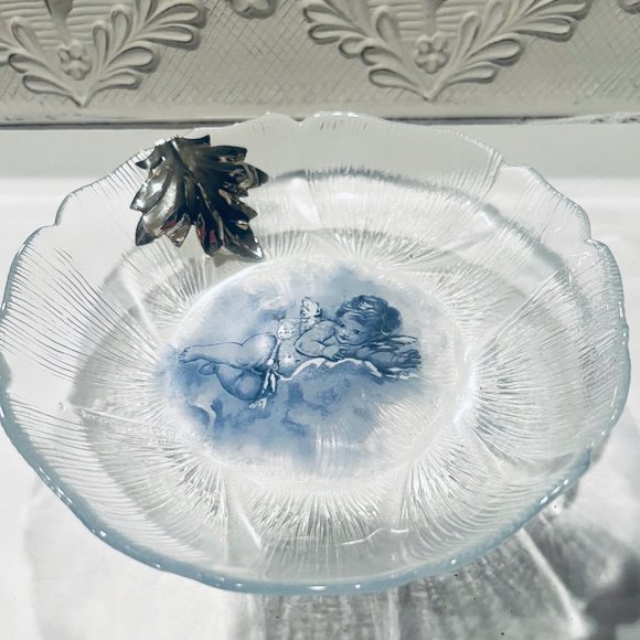 Angel Glass Curved Plate 925 Silver Leaf Hand Painted ARGENTERIA ASTUNI Vintage - Picture 3 of 9